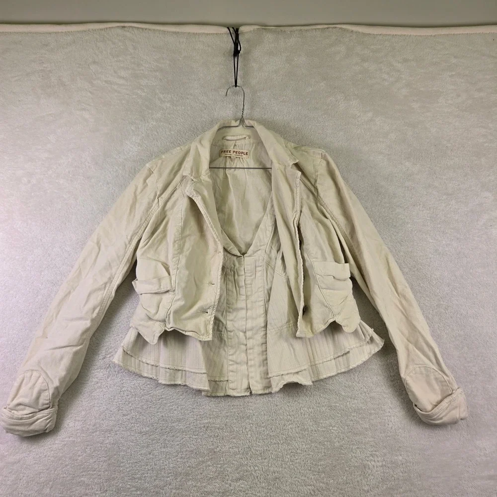 Free People Cream Corduroy Peplum Jacket Herringbone Raw Edge Small